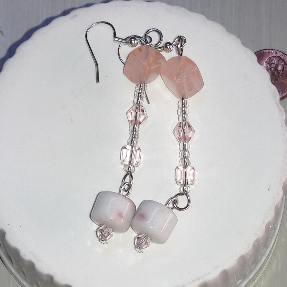 Boho Statement Pink Glass Dangle French Hook earrings Silver earrings 427■